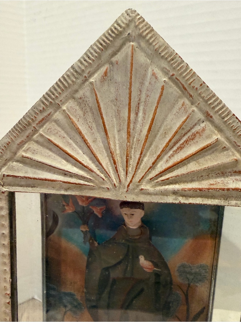 Antique Spanish Colonial Saint Francis Retablo in Custom Tin NicheBeautifully - Picture 2 of 9